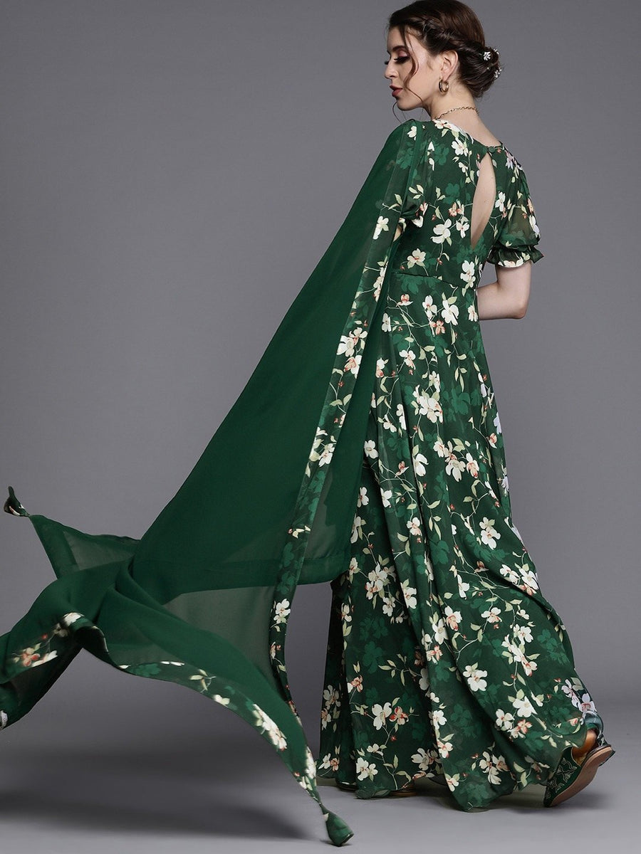 Green Printed Georgette Gown