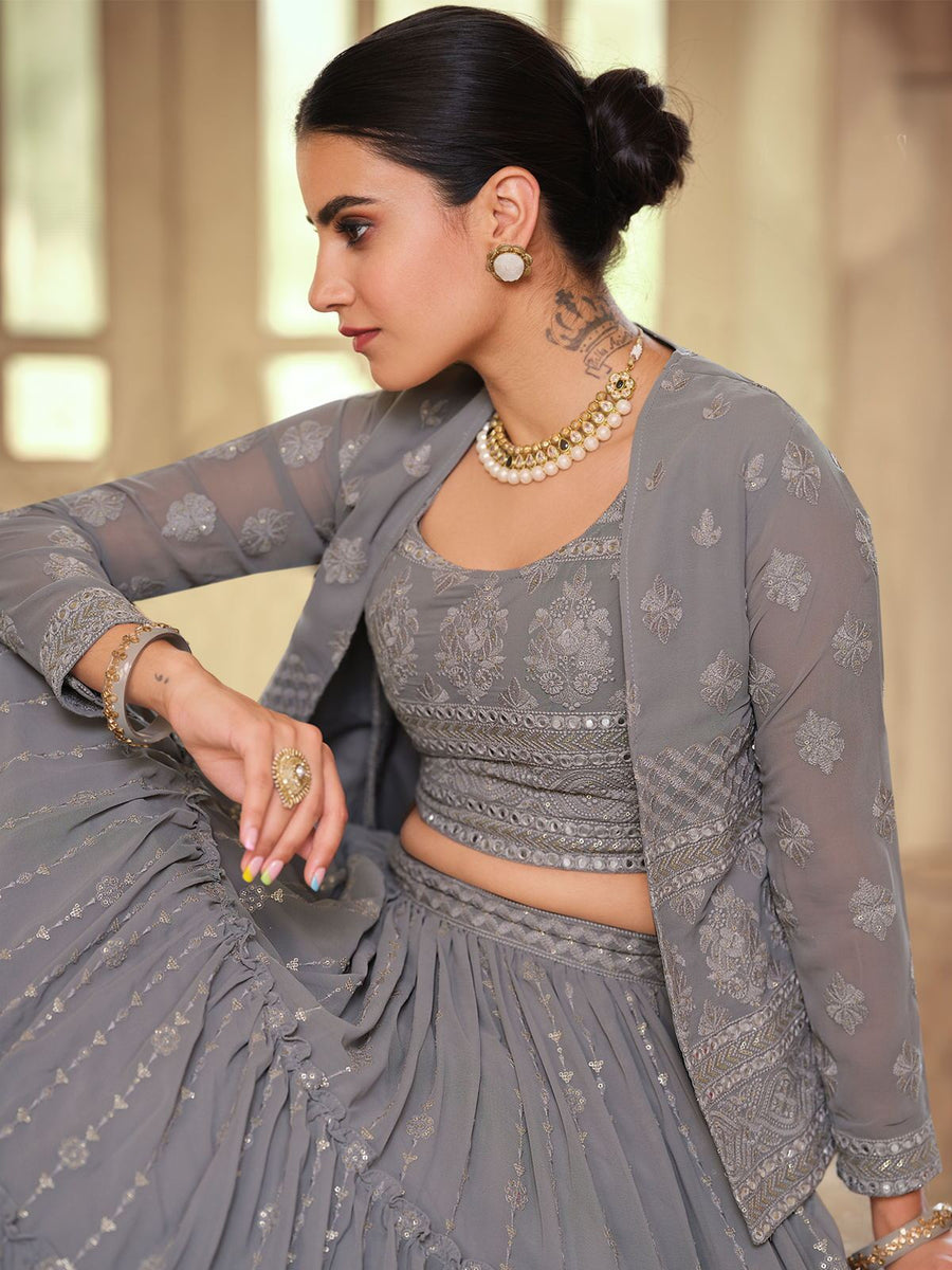 Enticing Georgette Grey Embroidered Designer Lehenga Choli