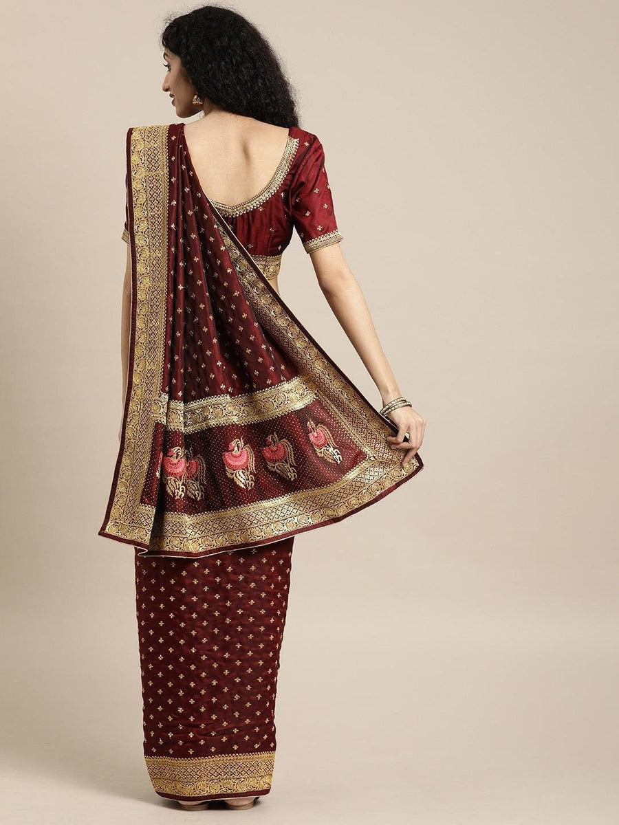 Indian silk saree maroon with gold work. .stitched blouse for slim fit