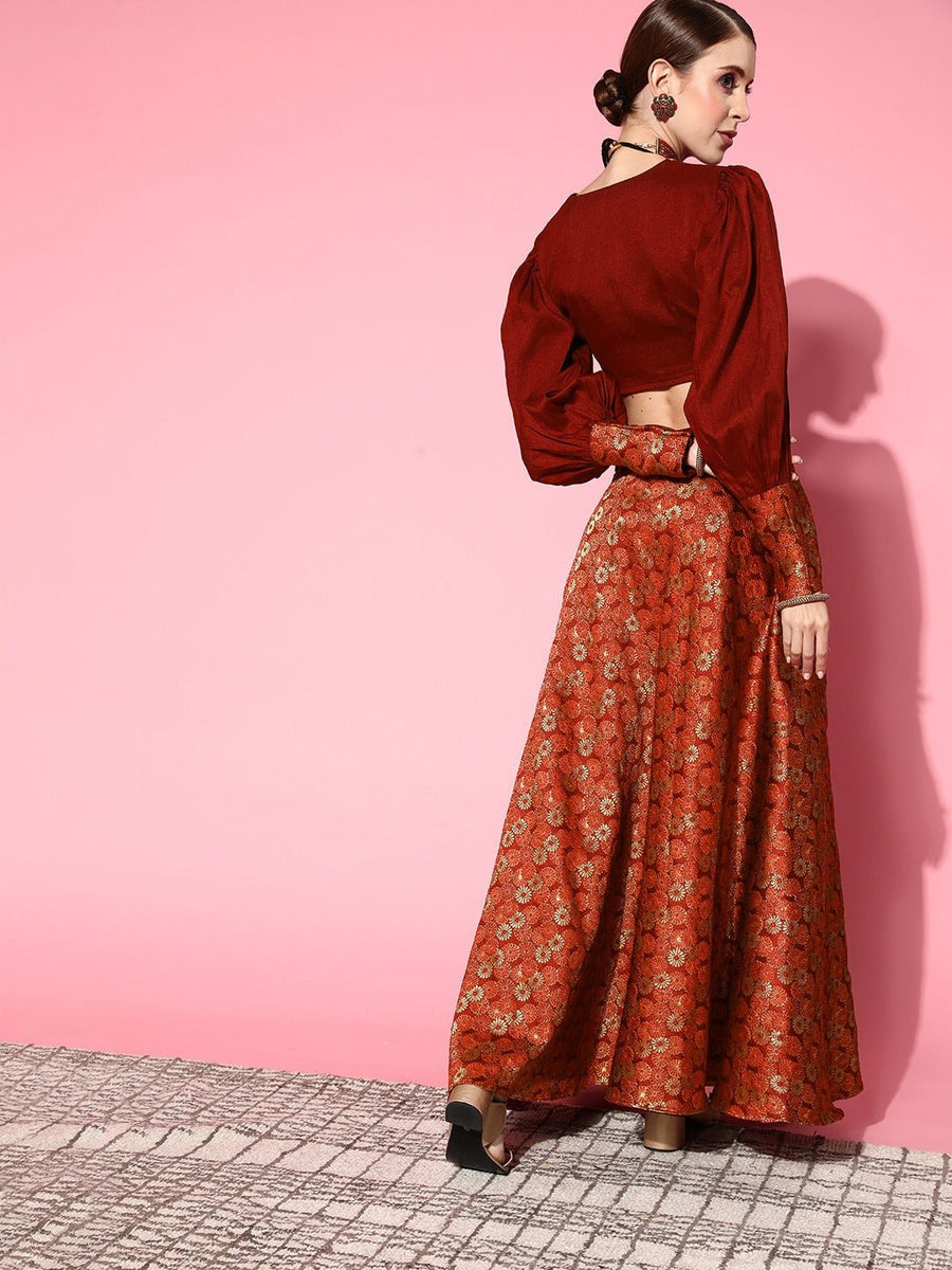 Women Maroon Gold Toned Brocade Silk Blend Top with Skirt Inddus.in