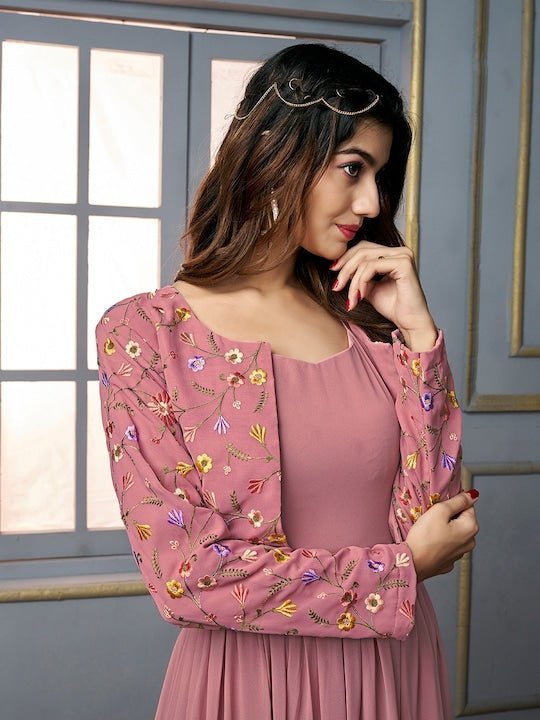 Buy Pink Dola Silk Embellished Hand Work Jacket Style Flared Ethnic Dress  by SCAKHI at Ogaan Market Online Shopping Site