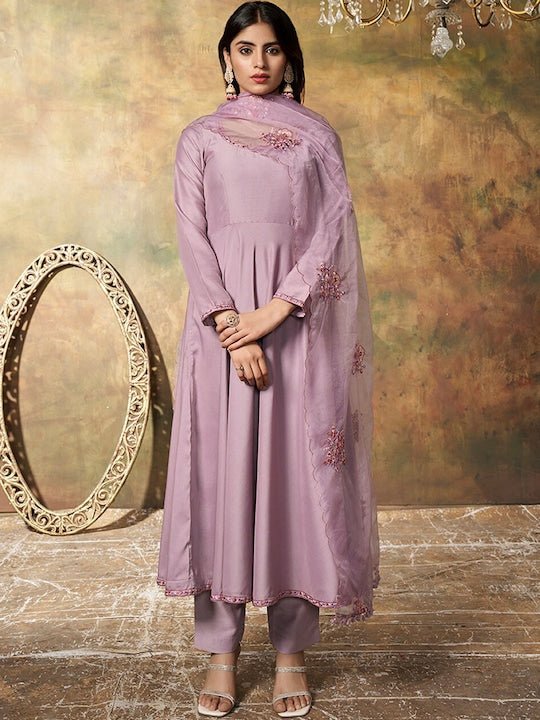 Beige cotton satin kurta and pants with hand painted dupatta - set of three  by The Hemming Bird | The Secret Label