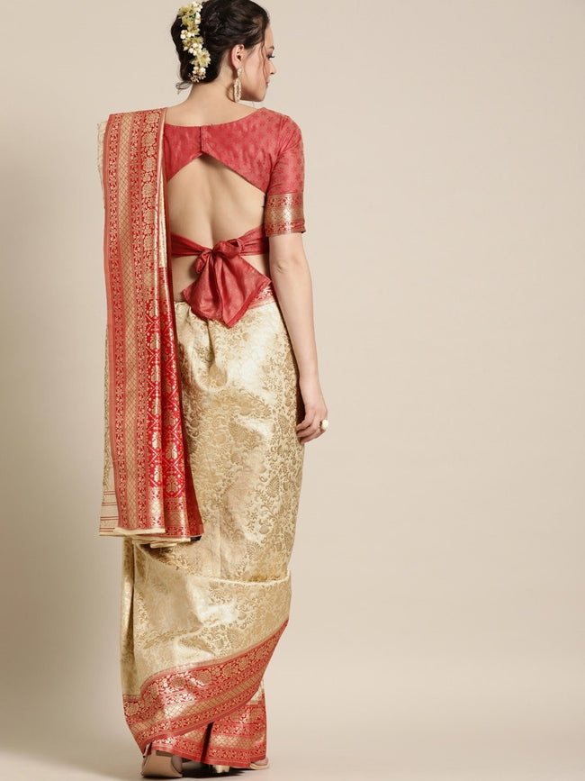 Pristine Beige & Red Silk Blend Woven Design Saree– Inddus.in