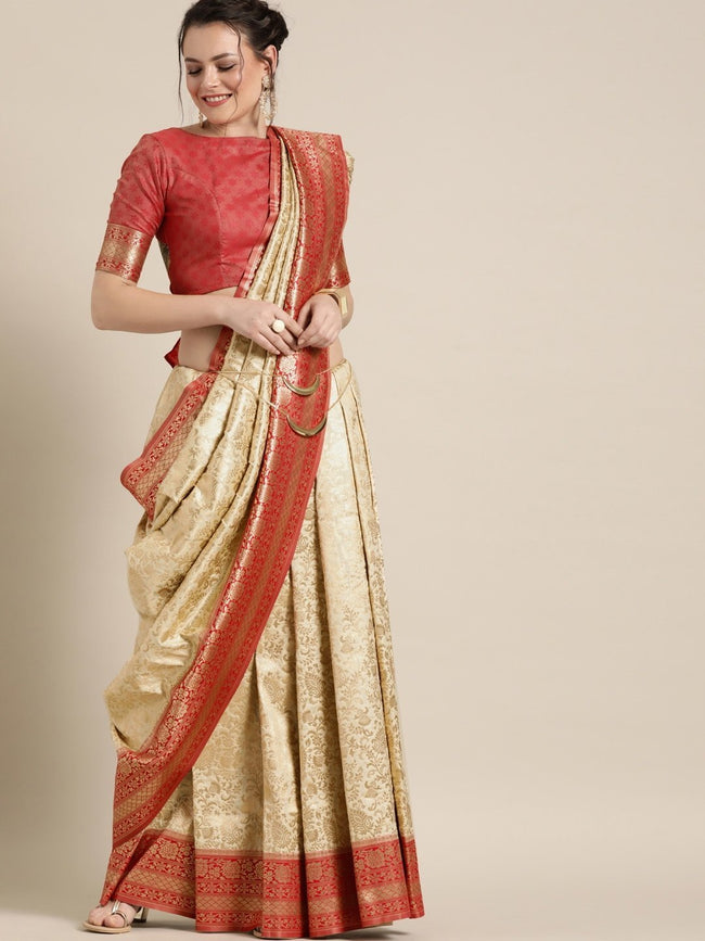 Rich look red color silk weave traditional saree