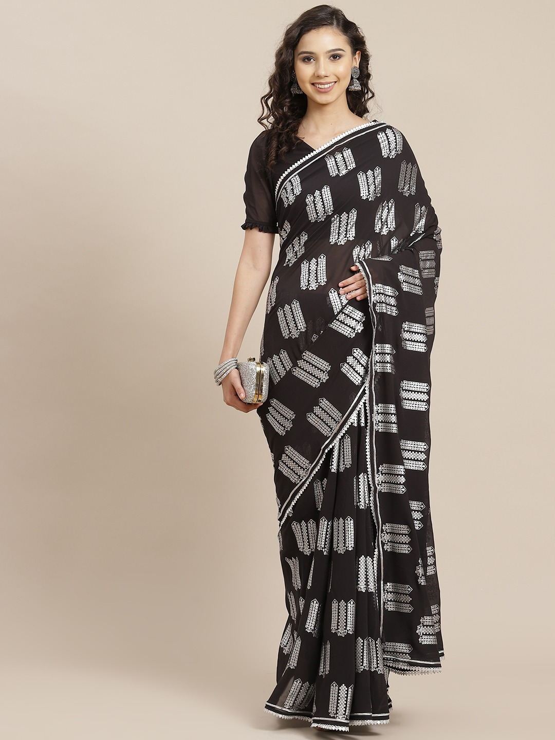 Shop Cream Floral and Check Print Georgette Saree Online in USA – Pure  Elegance