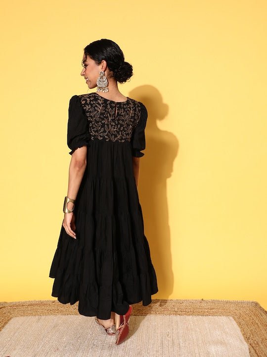 Black Floral Embroidered Puff Sleeves A-Line Midi Dress–