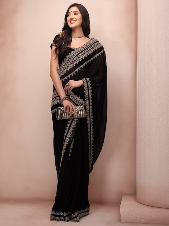 Buy Black color silk saree with golden border at Amazon.in