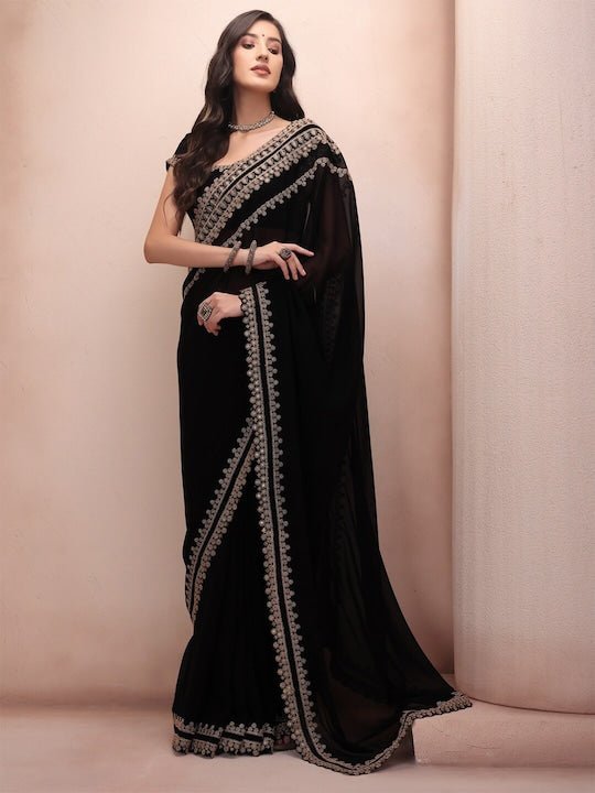 Shop Black Plain Georgette Border Saree Festive Wear Online at Best Price |  Cbazaar