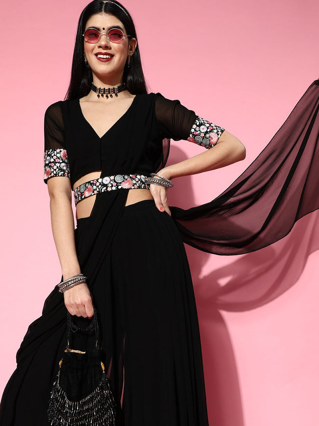 Buy Pleasing Black Palazzo Saree with Embroidered Belt