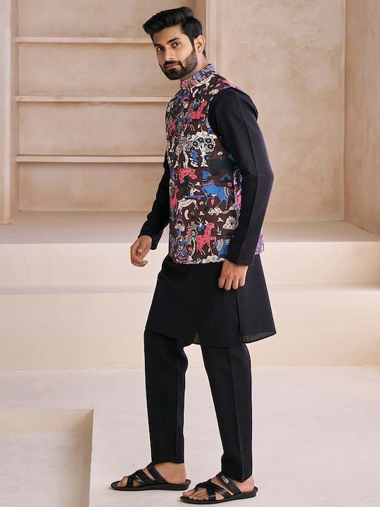 Multi Colour color Cotton Nehru Jacket with Printed work on Sale, Upto 45%  OFF -