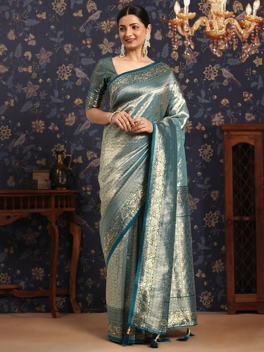 Dark Blue Silver Zari Work Blouse Banarasi Beautiful Zari Work In Form Of  Traditional Motifs Soft Silk Saree