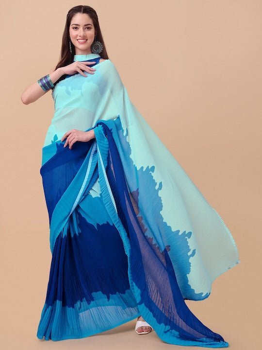 Sky Blue Chiffon Festive Wear Designer Plain Saree With Printed Border