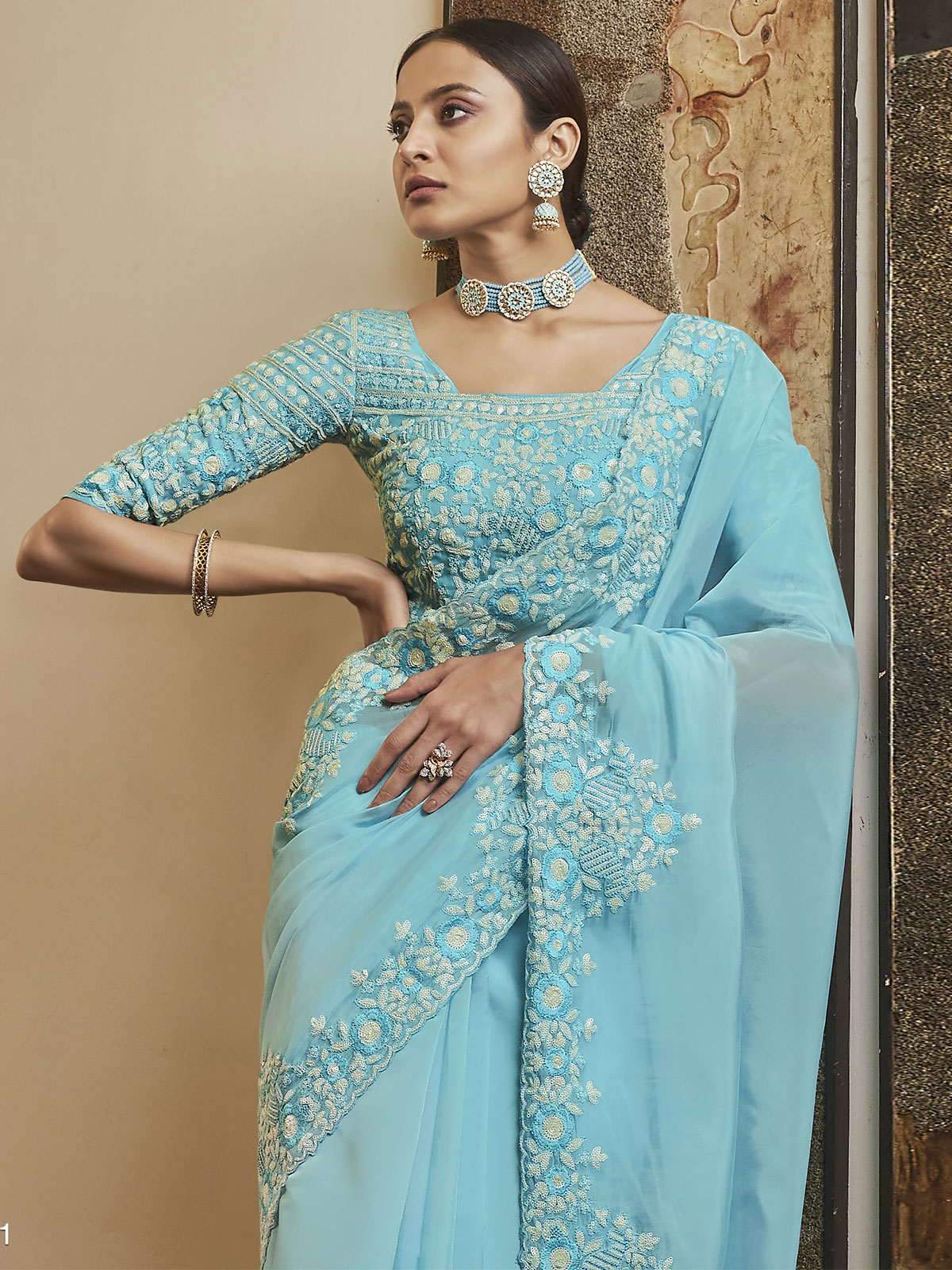 Teal Blue Color Sequined Georgette Party Wear Saree - Rent