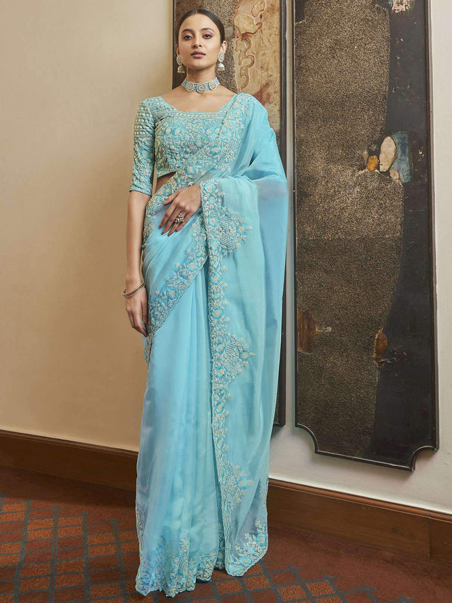 Bright Sky Blue Designer Embroidered Silk Party Wear Saree