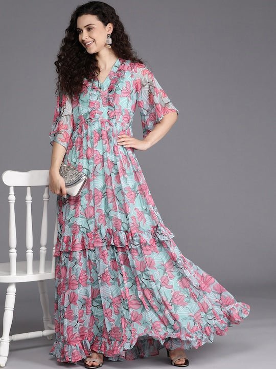 Buy online Women Blue Floral Printed Cut Detailed Maxi Dress from western  wear for Women by Sheetal Associates for ₹429 at 79% off | 2024 Limeroad.com