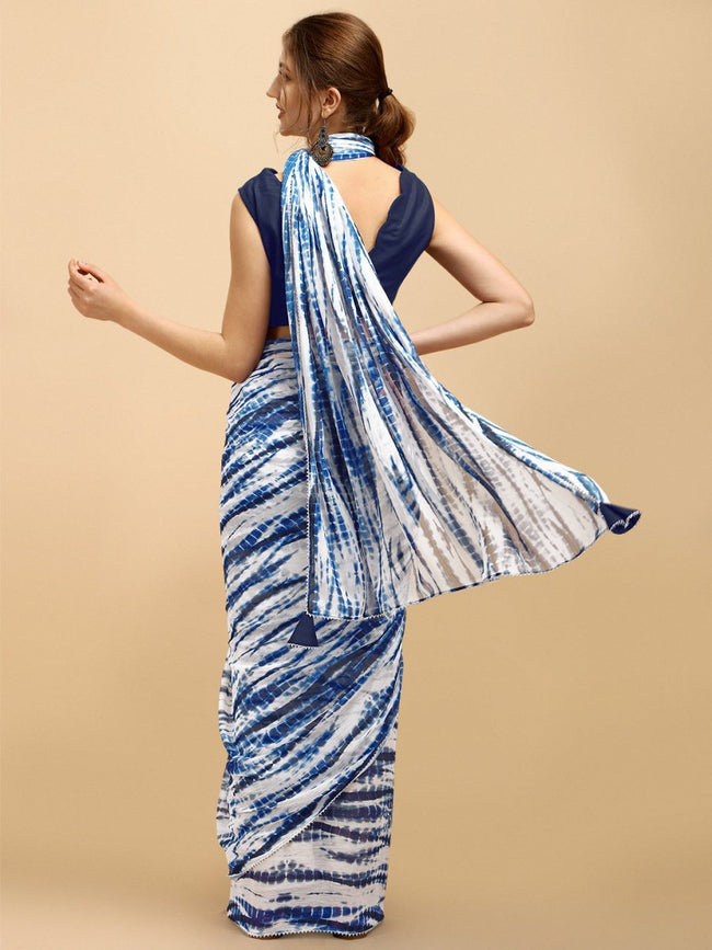 blue white tie and dye poly chiffon saree