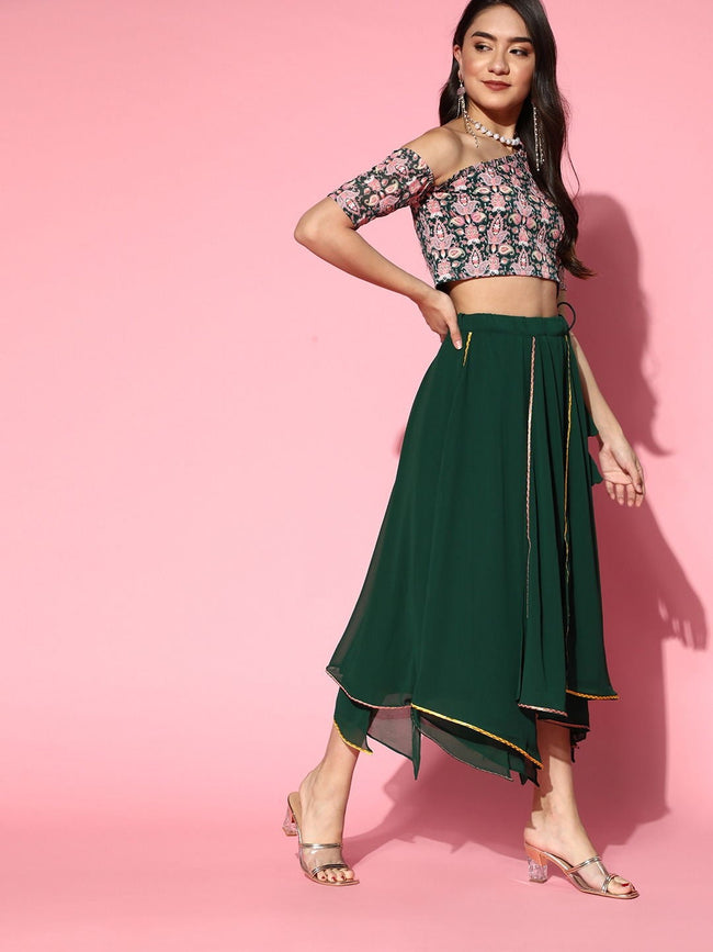 Buy Adorable Bottle Green Embroidered Top with Solid Layered Skirt Inddus.in