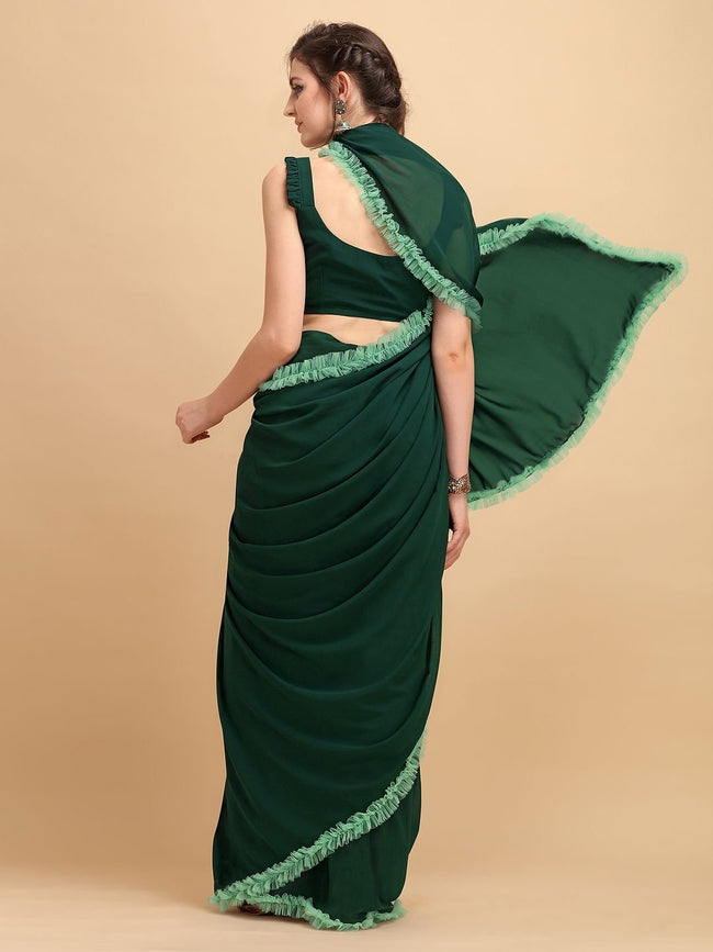 Buy Online Designer Sanya Gulati Teal green Ruffle Saree and Bustier