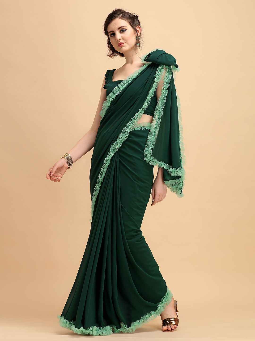 Buy Chhabra 555 Bottle Green Ready To Wear Lycra Saree with Pearl, Sequin  Embroidered Halter Neck Blouse Online at Best Prices in India - JioMart.