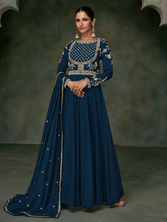 Sangeet Wear Embroidered Navy Blue Color Long Length Anarkali Dress In  Georgette Fabric