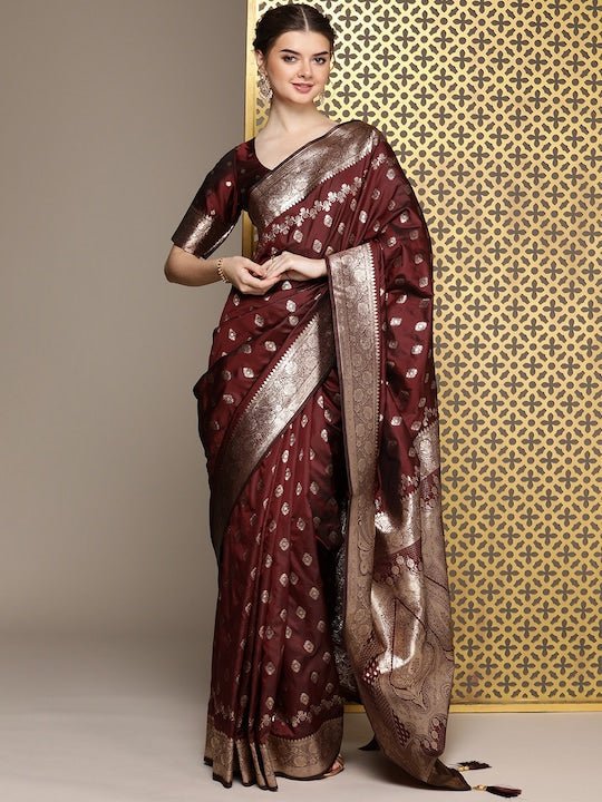 Brown Ethnic Motifs Woven Design Zari Pure Silk Saree–