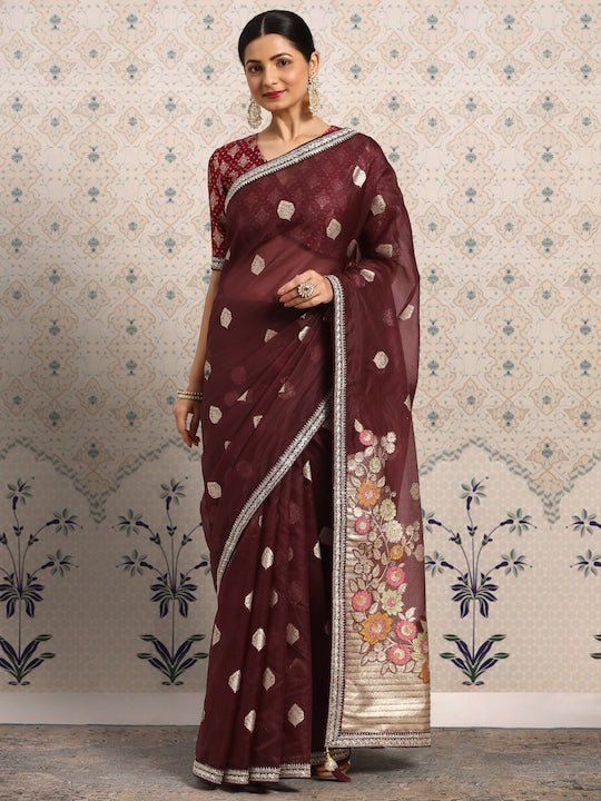 Buy Party Wear Maroon Embroidery Work Organza Saree Online From Surat  Wholesale Shop.