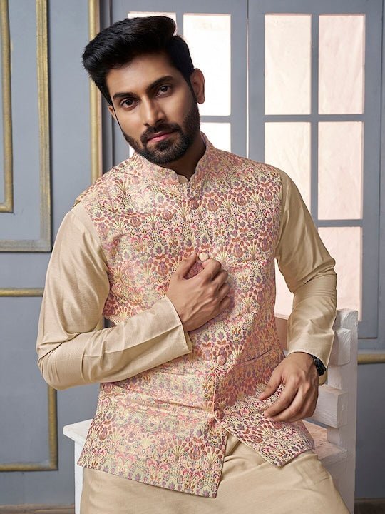 SHOWOFF Cream Cotton Slim Fit Printed Nehru Jacket