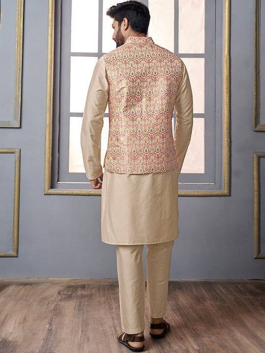 Buy SALWAR STUDIO Men Off White Art Silk Embroidered Sleeveless Nehru Jacket  online
