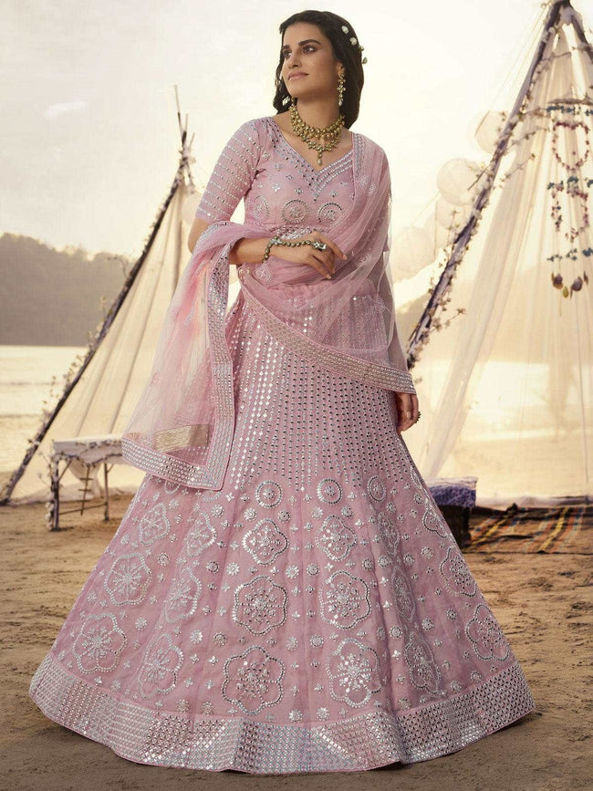 Pastel Pink Color Thread and Mirror Work Lehenga CHANDRAVATI | Mirror work  lehenga, Indian wedding wear, Indowestern gowns