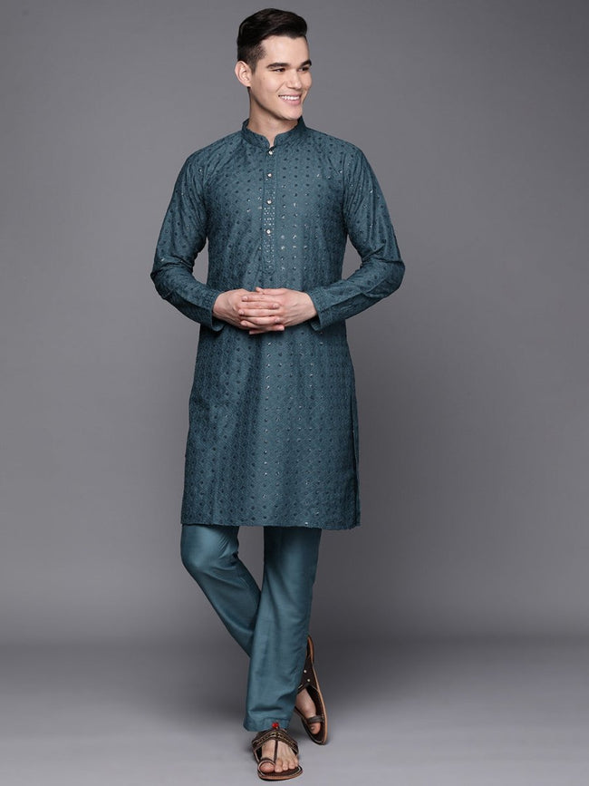 Buy Blue Linen Silk Kurta Set For Men by Jatin Malik Online at Aza Fashions.