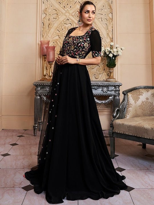 Floral Embroidered Fit & Flare Maxi Ethnic Dresses With Dupatta