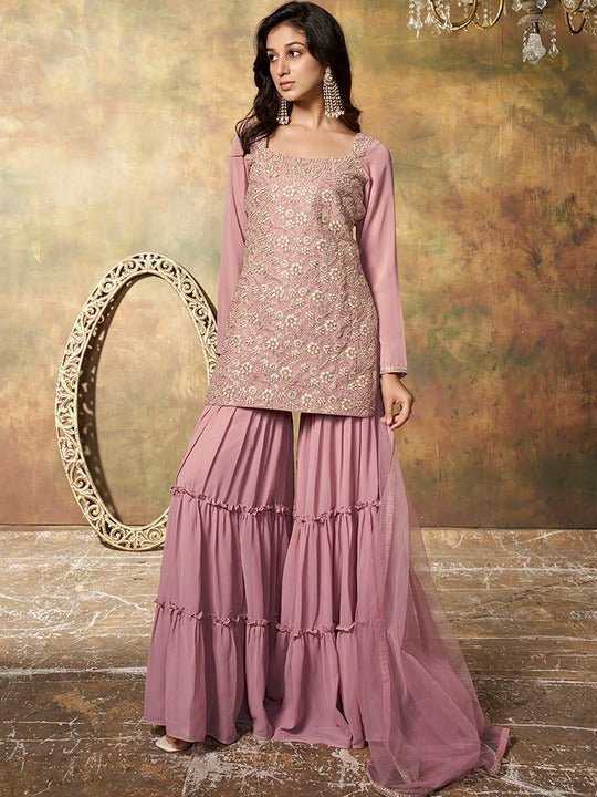 Inddus Women Pink Floral Embroidered Regular Beads and Stones Kurta with  Sharara & With Dupatta - Absolutely Desi