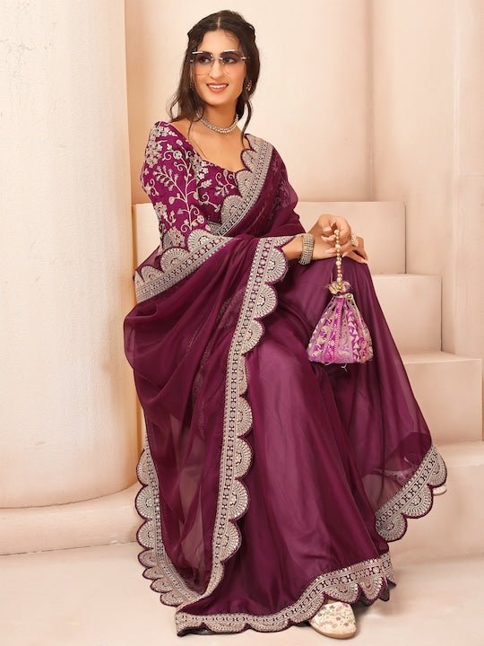 Floral Embroidered Sequinned Organza Saree–