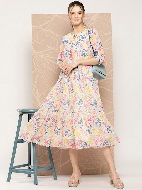 PREEGO Women White Self Design Georgette A-Line Midi Dress