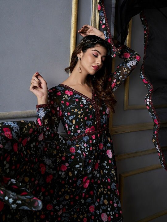 Floral Embroidered Fit & Flare Maxi Ethnic Dresses With Dupatta