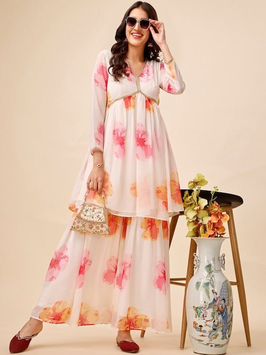 Floral Printed V Neck A Line Kurta with Sharara