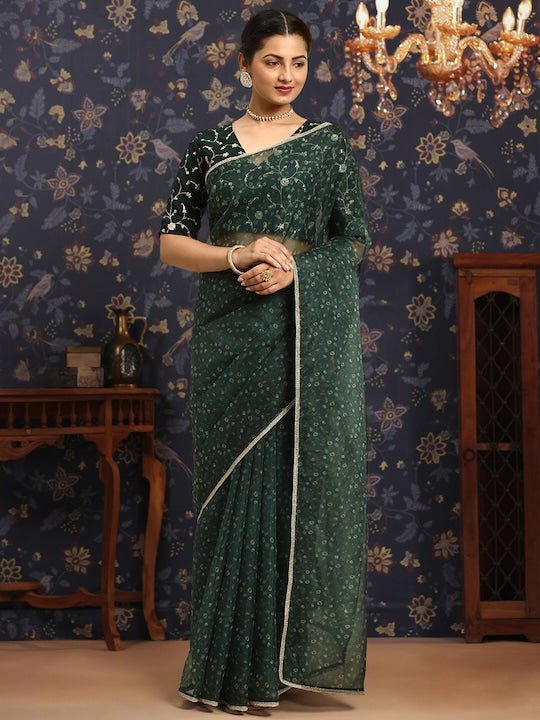 Dark Sea Green Printed Organza Saree For Women, With Blouse Piece at Rs  2400/piece in Surat