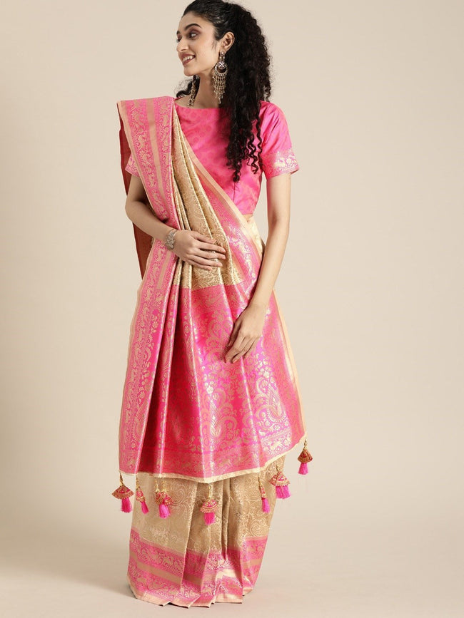 Classy Golden & Pink Silk Blend Woven Design Banarasi Saree– Inddus.in