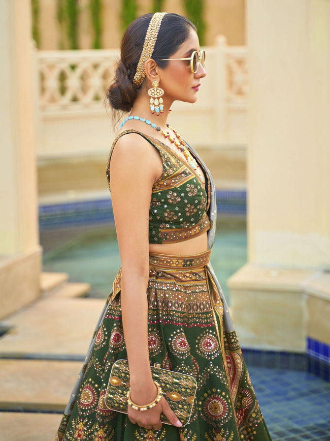 green and gold sequence embroidered lehenga choli