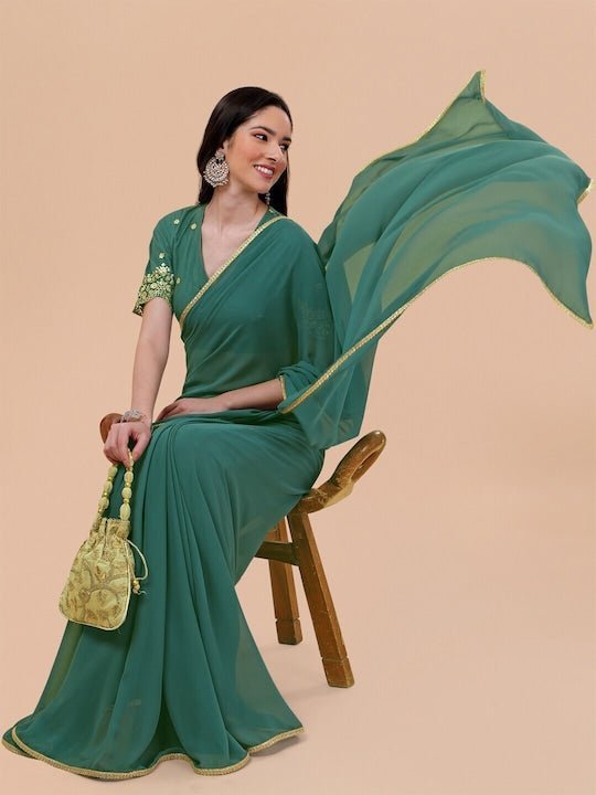 Sky Blue Bottle Green Plain Border Premium Polycotton Cotfeel Saree Fo–  Uniform Sarees