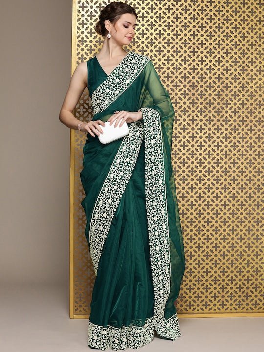 Dark Green Jacquard Banarasi Organza Saree – Leemboodi