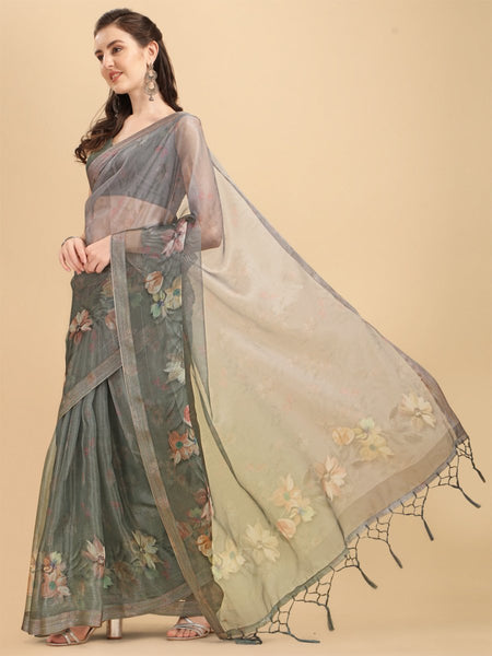 Floral Organza Saree Peach - Asistha.com