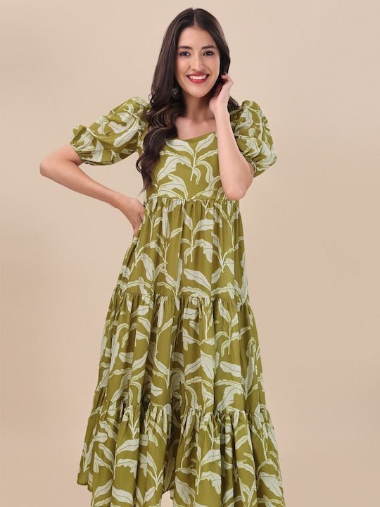 Green Floral Printed Fit And Flare Puff Sleeves Tiered Ethnic