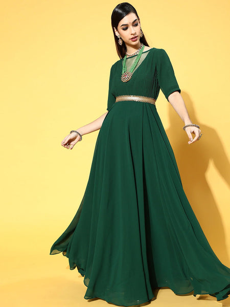 Buy Endearing Green Georgette Self Design Partywear Dresses - .