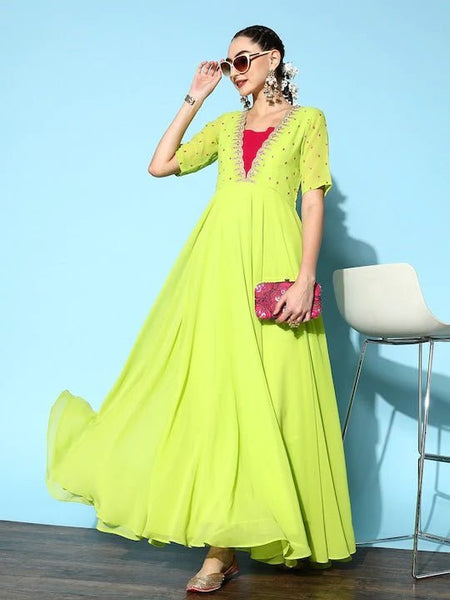 Buy HOUSE OF PAAVAY Leafy Green Pink Georgette Maxi Dress Colour - Green, S  at