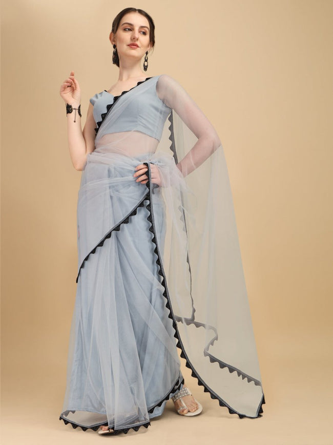 Vishal Prints Dark Grey Georgette Saree With Fancy Border