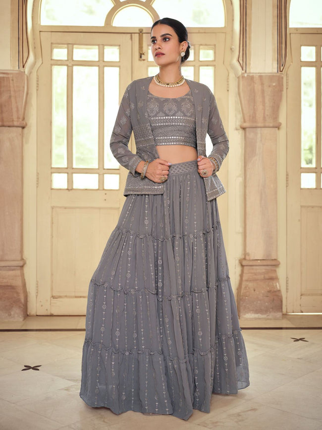 Silk Grey Color Designer Lehenga Choli With Dupatta