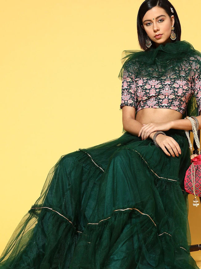 Bottle Green Cut Out Back Blouse With Embellished Lehenga – Swish By Dolcy  & Simran