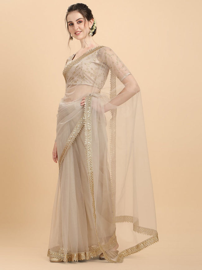 Inddus Off White Gold Toned Sequinned Net Saree