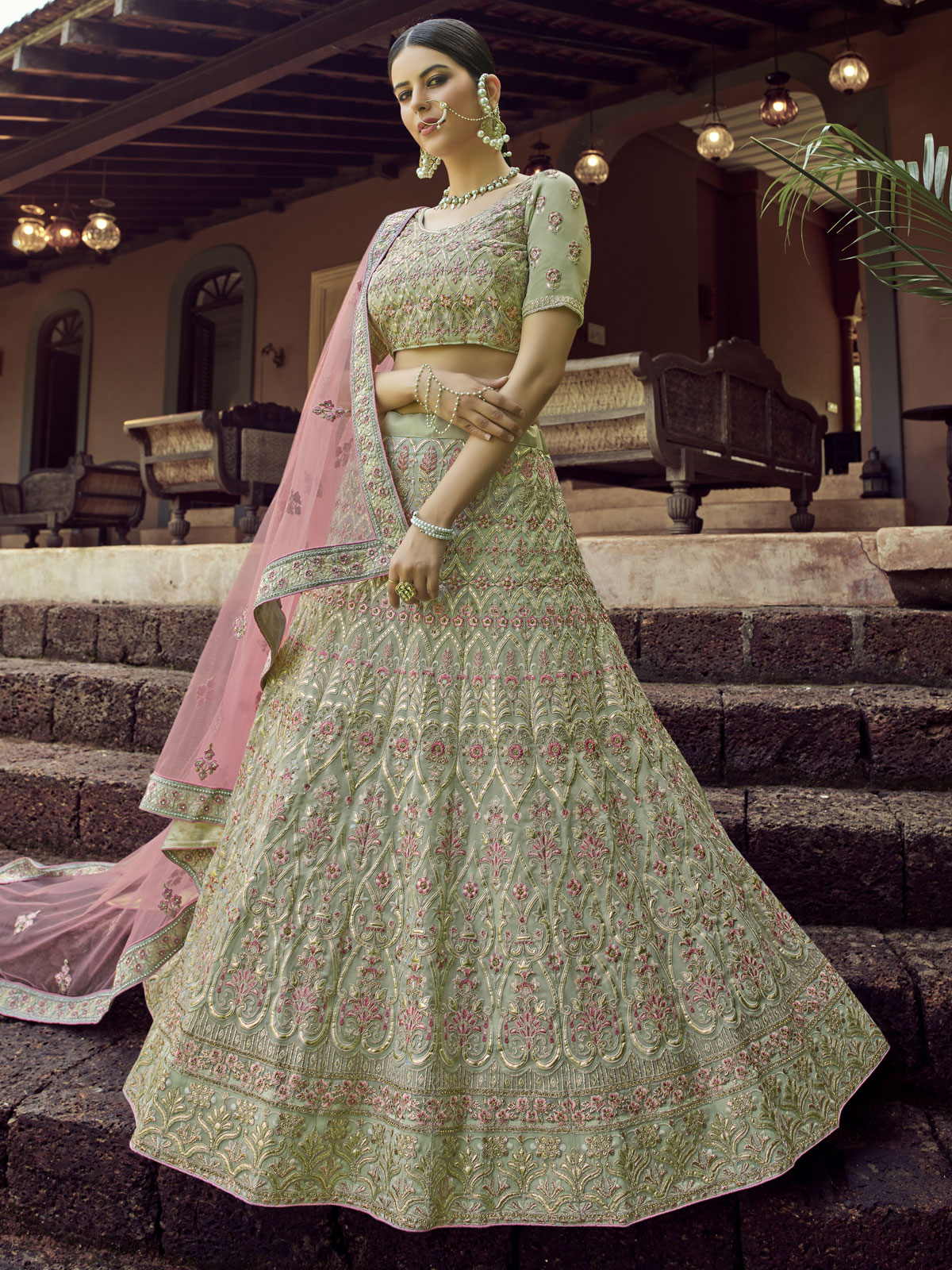 Buy Pink Ethnic Brown Floral Printed Semi-Stitched Lehenga Choli with Light  Green Dupatta (Set of 3) online